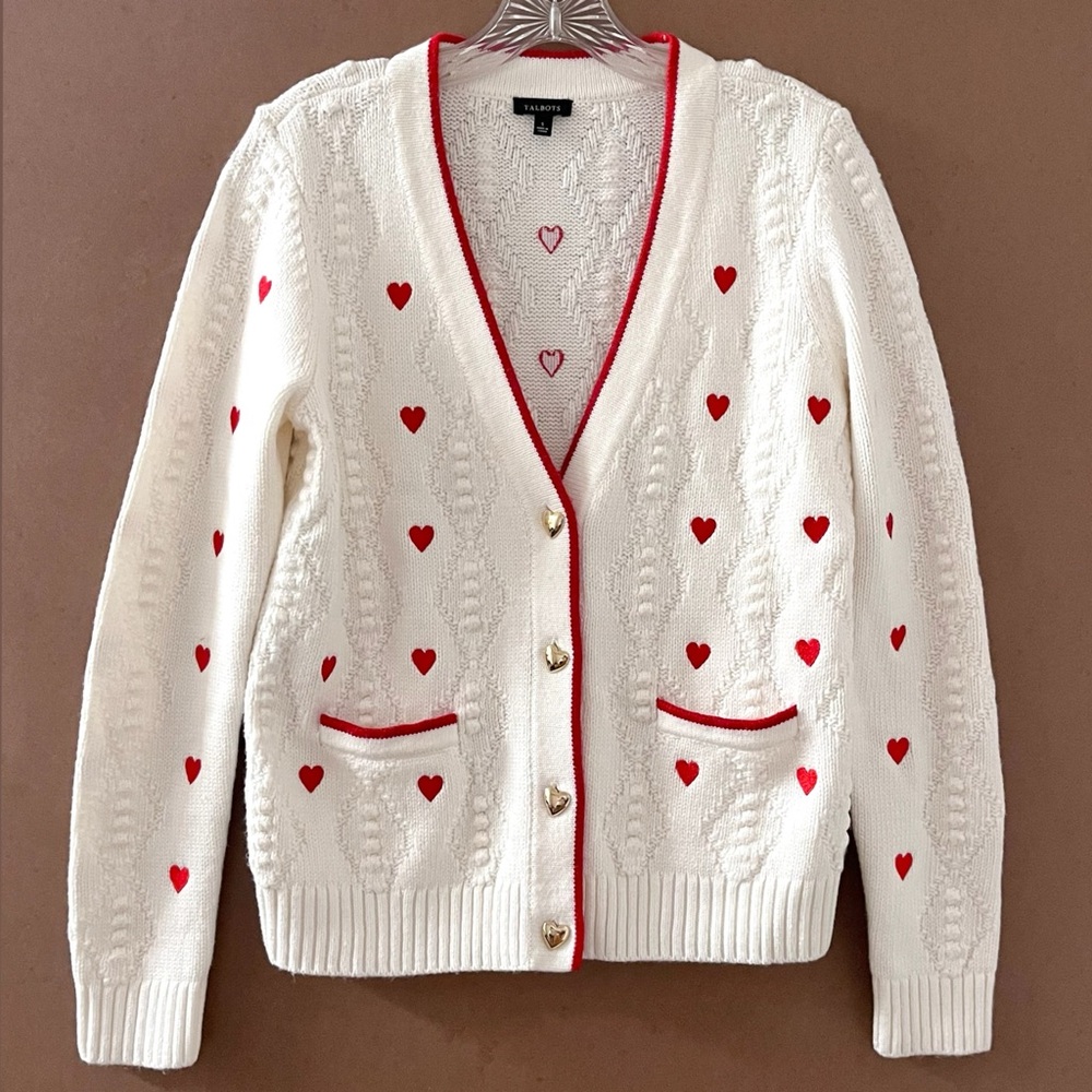 Talbots Argyle Stitch Cardigan Sweater Embroidered Red Hearts SZ Small